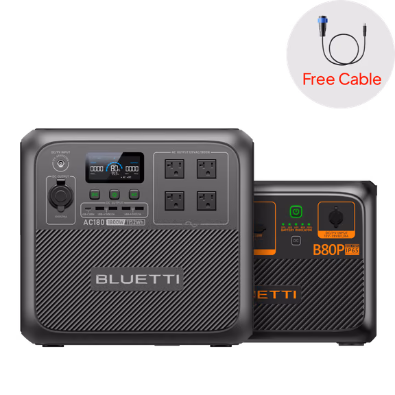 BLUETTI AC180 Solar Portable Power Station | 1,800W 1,152Wh – AC180+B80P (FREE Aviation Plug to DC7909 Cable) (1,958Wh)