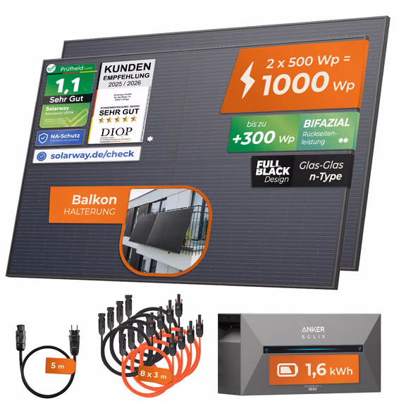 SOLARWAY Balkonkraftwerk 1000 Watt | Anker SOLIX Solarbank 2 E1600 Pro 1,6 kWh Speicher – Balkon