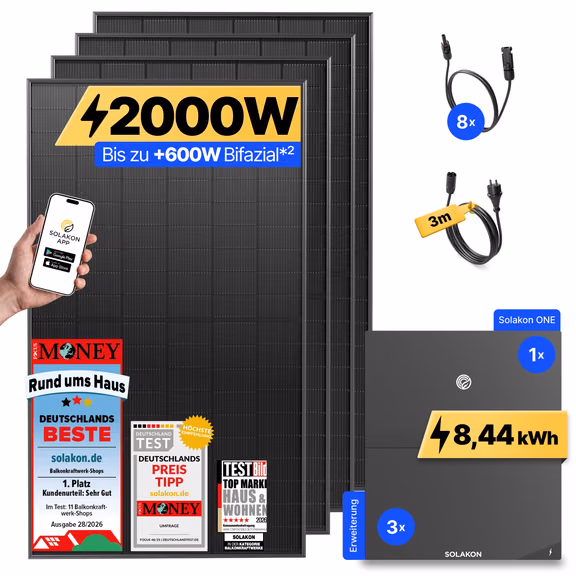 onPower: 2000 Watt Balkonkraftwerk – Solakon ONE + 3 x Solakon ONE Erweiterungsspeicher / 3m