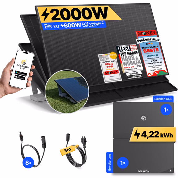 onPower: 2000 Watt Balkonkraftwerk – Garten & Flachdach / Solakon ONE + 1 x Solakon ONE Erweiterungsspeicher / 3m