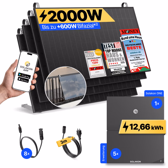 onPower: 2000 Watt Balkonkraftwerk – Balkon / Solakon ONE + 5 x Solakon ONE Erweiterungsspeicher / 3m