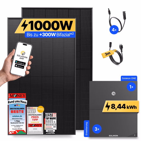 onBasic: 1000 Watt Balkonkraftwerk – Solakon ONE + 3 x Solakon ONE Erweiterungsspeicher / 3m