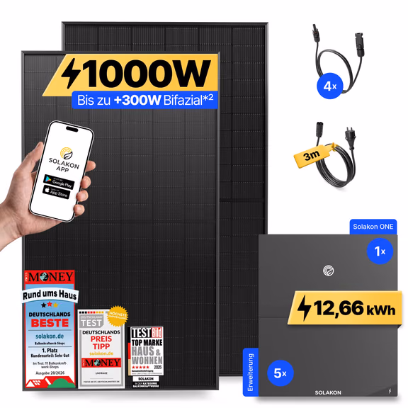 onBasic: 1000 Watt Balkonkraftwerk – Solakon ONE + 5 x Solakon ONE Erweiterungsspeicher / 3m