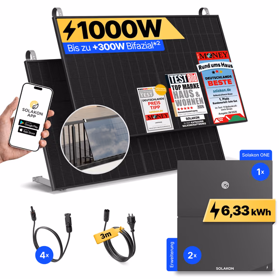 onBasic: 1000 Watt Balkonkraftwerk – Balkon / Solakon ONE + 2 x Solakon ONE Erweiterungsspeicher / 3m