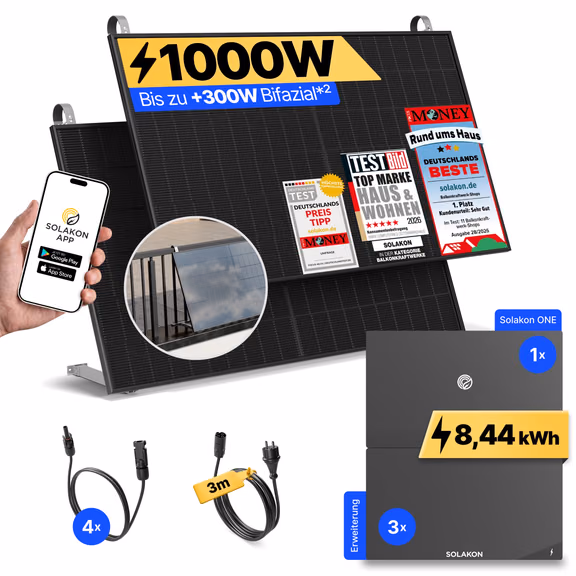 onBasic: 1000 Watt Balkonkraftwerk – Balkon / Solakon ONE + 3 x Solakon ONE Erweiterungsspeicher / 3m