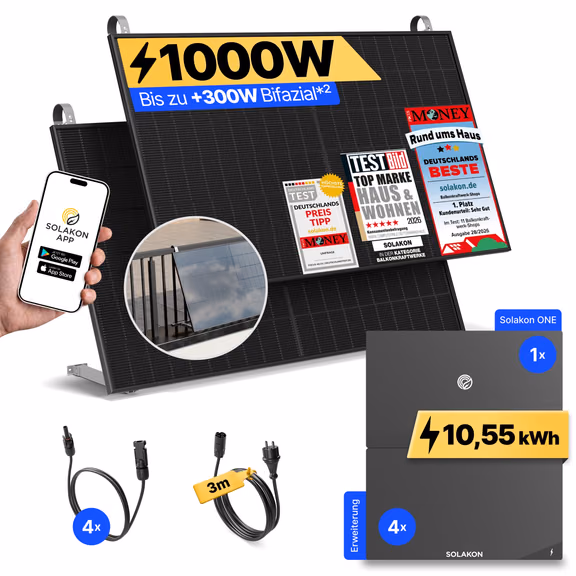 onBasic: 1000 Watt Balkonkraftwerk – Balkon / Solakon ONE + 4 x Solakon ONE Erweiterungsspeicher / 3m