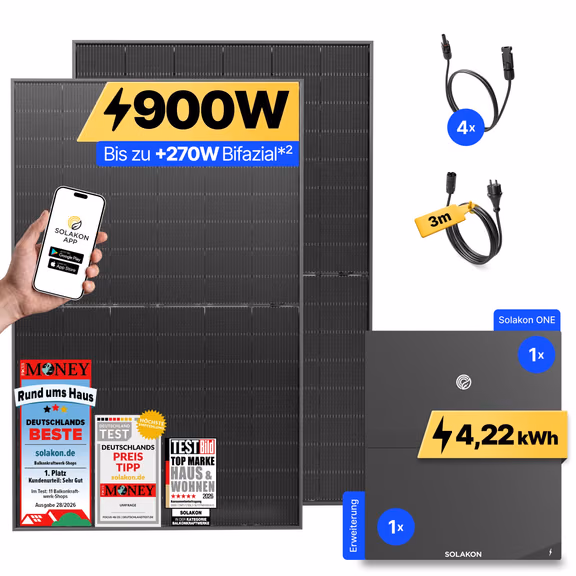 onLite: 900 Watt Balkonkraftwerk – Solakon ONE + 1 x Solakon ONE Erweiterungsspeicher / 3m