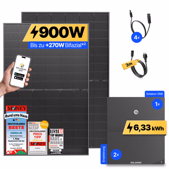onLite: 900 Watt Balkonkraftwerk – Solakon ONE + 2 x Solakon ONE Erweiterungsspeicher / 3m