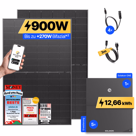 onLite: 900 Watt Balkonkraftwerk – Solakon ONE + 5 x Solakon ONE Erweiterungsspeicher / 3m