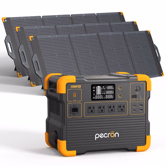 PECRON E1500LFP Expandable Portable Power Station 2200W 1536Wh V3 Version – E1500LFP+ 3*300W Solar kit