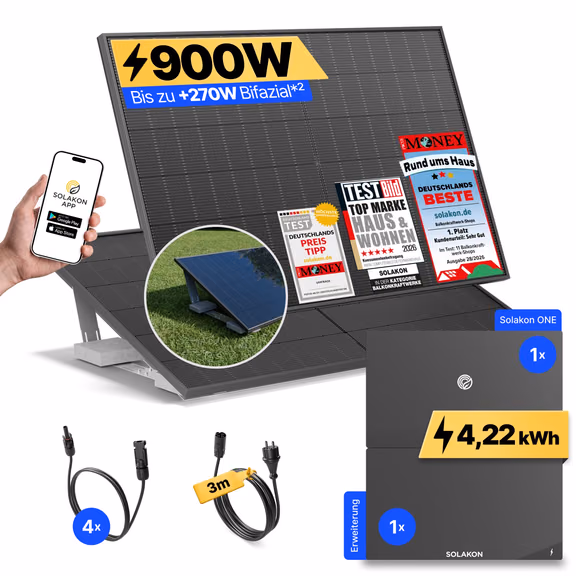 onLite: 900 Watt Balkonkraftwerk – Garten & Flachdach / Solakon ONE + 1 x Solakon ONE Erweiterungsspeicher / 3m