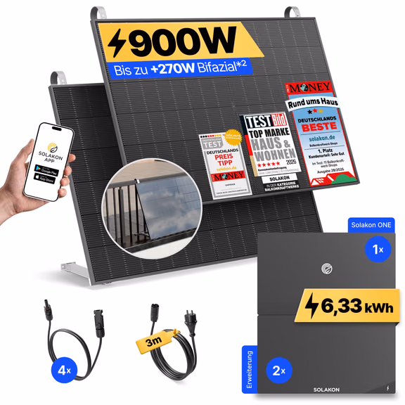 onLite: 900 Watt Balkonkraftwerk – Balkon / Solakon ONE + 2 x Solakon ONE Erweiterungsspeicher / 3m