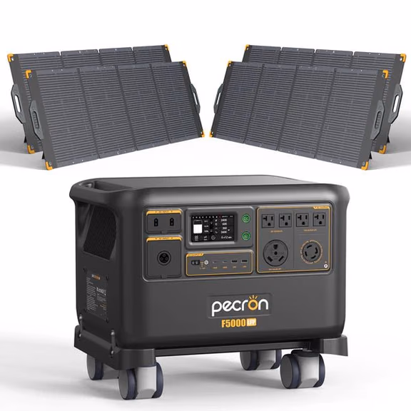 Pecron F5000LFP 7200W 5120Wh 120V/240V Portable Power Station – 4 x PV300 300W Portable Solar Panels