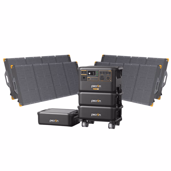 Pecron F5000LFP 7200W 5120Wh 120V/240V Portable Power Station – Pecron F5000LFP + + 3 x FP5000-48V 5120Wh Extra Batteries / 4 x PV300 300W Portable Solar Panels
