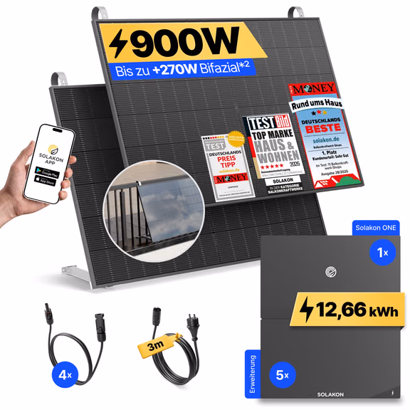 onLite: 900 Watt Balkonkraftwerk – Balkon / Solakon ONE + 5 x Solakon ONE Erweiterungsspeicher / 3m