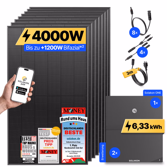 onPower Plus: 4000 Watt Solaranlage – Solakon ONE + 2 x Solakon ONE Erweiterungsspeicher / 3m