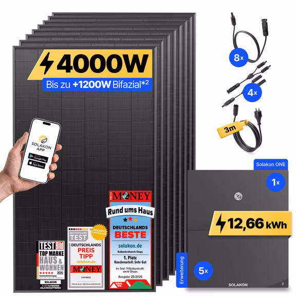onPower Plus: 4000 Watt Solaranlage – Solakon ONE + 5 x Solakon ONE Erweiterungsspeicher / 3m