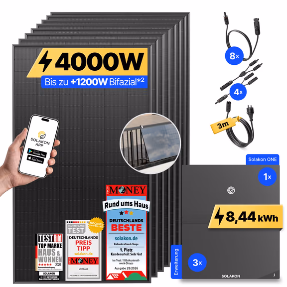 onPower Plus: 4000 Watt Solaranlage – Balkon / Solakon ONE + 3 x Solakon ONE Erweiterungsspeicher / 3m