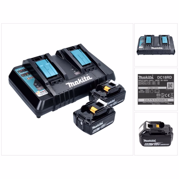 Makita Power Source Kit 18 V mit 2x BL 1860 B Akku 6,0 Ah + DC 18 RD Doppelladegerät ( 199484-8 )