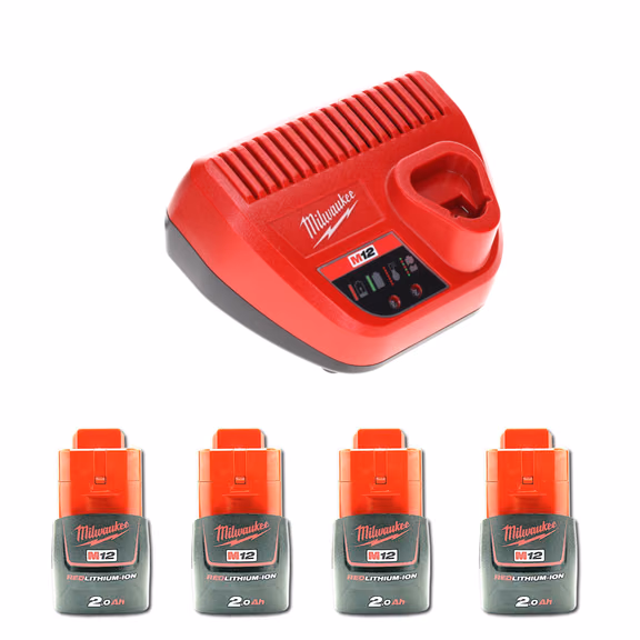 Milwaukee Akku Starter Set 12 V mit 4x Akku 2,0 Ah + M12 C12C Ladegerät