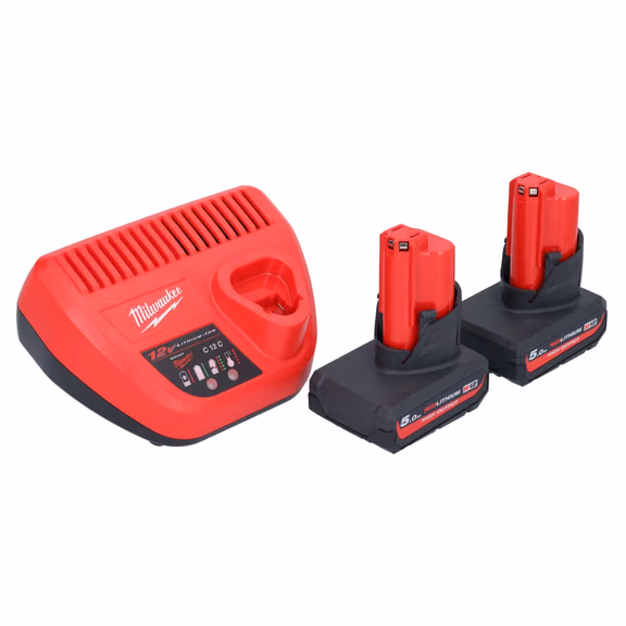 Milwaukee M12 HNRG-502 Akku Starter Set 2x HB5 High Output 12 V 5,0 Ah / 5000 mAh Li-Ion Akku ( 2x 4932480165 ) + M12-C12C Ladegerät