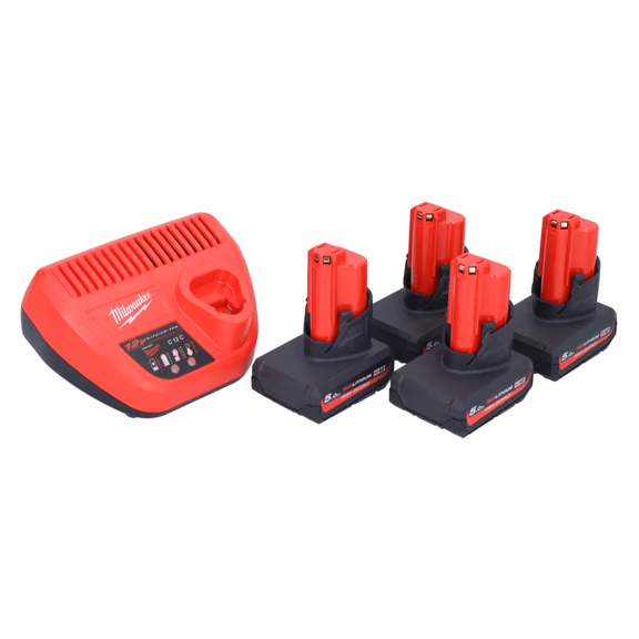 Milwaukee M12 HNRG-504 Akku Starter Set 4x HB5 High Output 12 V 5,0 Ah / 5000 mAh Li-Ion Akku ( 4x 4932480165 ) + M12-C12C Ladegerät