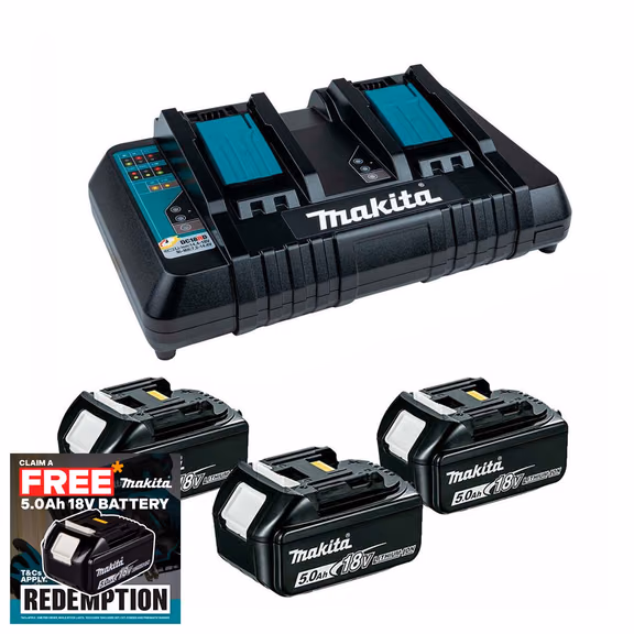 Makita DC18RD LXT Twin Port Rapid Charger with 3x BL1850B 5.0Ah Batteries