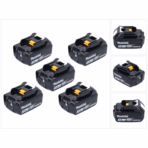 Makita Akku Set 5x BL 1830 B 18 V 3,0 Ah / 3000 mAh Li-Ion ( 5x 197599-5 ) mit LED Anzeige - original, kein Nachbau