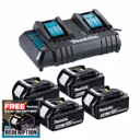 Makita DC18SH 14.4-18V Standard Dual Charger & 4x 5.0Ah Batteries