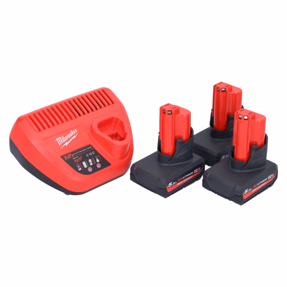Milwaukee M12 HNRG-503 Akku Starter Set 3x HB5 High Output 12 V 5,0 Ah / 5000 mAh Li-Ion Akku ( 3x 4932480165 ) + M12-C12C Ladegerät