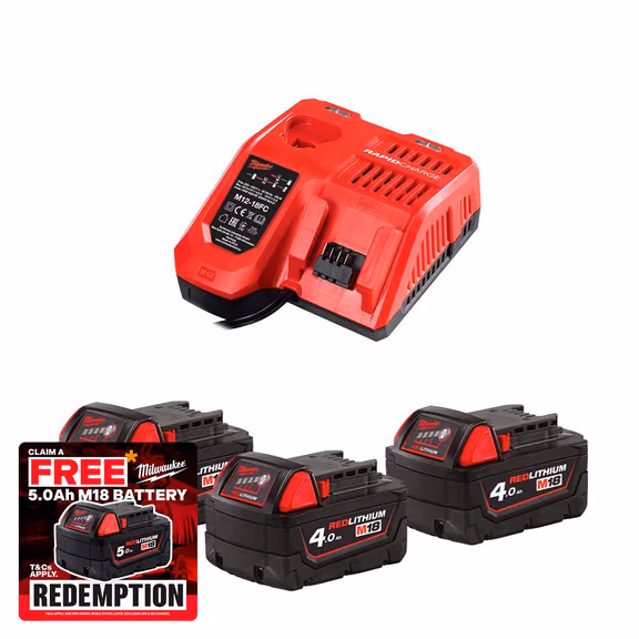 Milwaukee M12-18 FC Rapid Charger & 3x 18V 4.0Ah Batteries