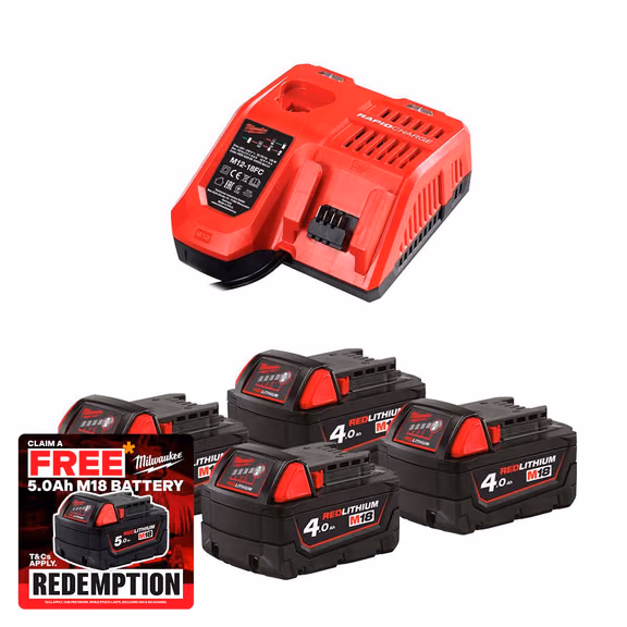 Milwaukee M12-18 FC Rapid Charger & 4x 18V 4.0Ah Batteries