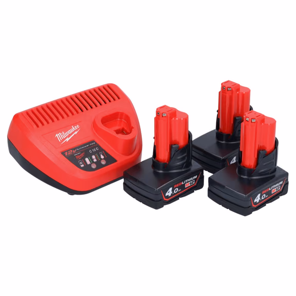 Milwaukee M12 NRG-403 Akku Starter Set 3x 12 V 4,0 Ah / 4000 mAh Li-Ion Akku + C12 C Ladegerät