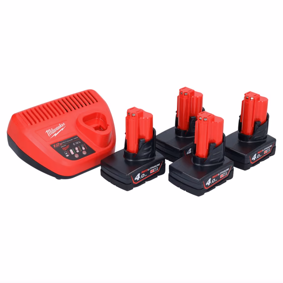 Milwaukee M12 NRG-404 Akku Starter Set 4x 12 V 4,0 Ah / 4000 mAh Li-Ion Akku + C12 C Ladegerät