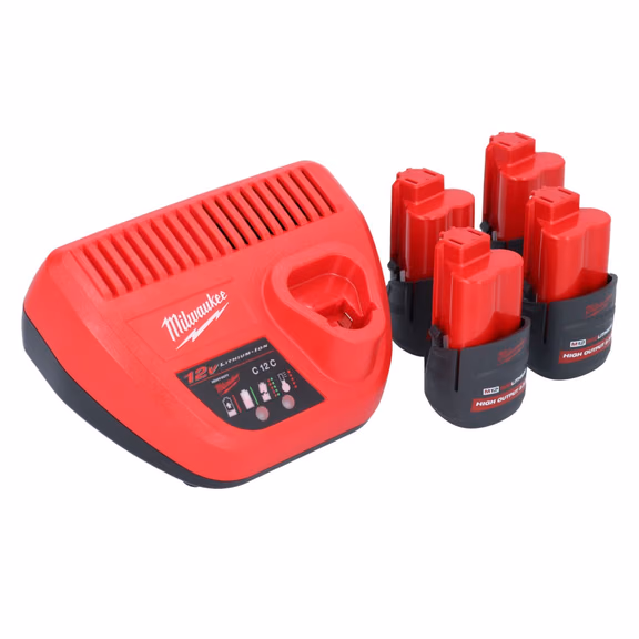 Milwaukee M12 HNRG-254 Akku Starter Set High Output 12 V + 4x HB2.5 Akku 2,5 Ah ( 4932480164 ) + M12 C12 C Ladegerät ( 4932352000 )