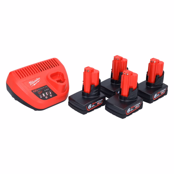 Milwaukee M12 NRG-604 Starter Set 4x 12 V 6,0 Ah Li-Ion Akku + C12 C Ladegerät
