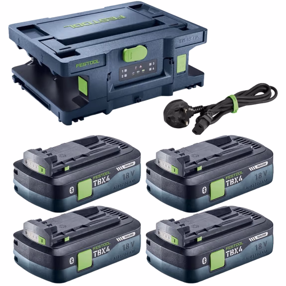 Festool BP 18 TBX 4 C-ASI Tabless 4.0Ah Batteries (Pack of 4) & SYS-MC 6/4 Systainer Rapid Battery Charger