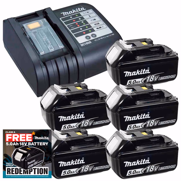 Makita DC18SD 14.4-18V Charger with 5 x 5.0Ah Batteries