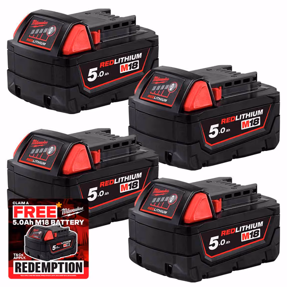Milwaukee M18 B5 18V 5.0Ah Redlithium-Ion Slide Battery (4 Pack)