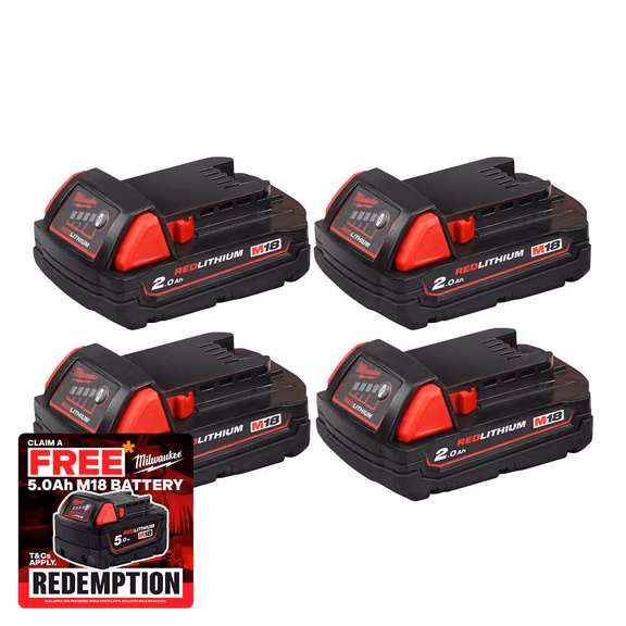 Milwaukee M18 B2 18V 2.0Ah Redlithium-ion Slide Batteries (4 Pack)