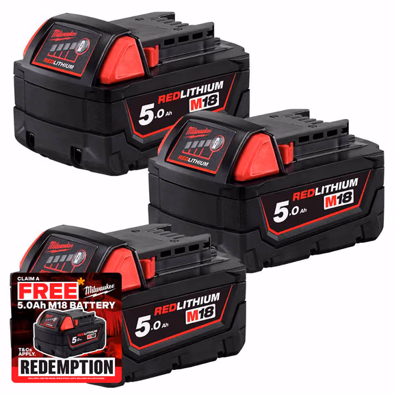 Milwaukee M18 B5 18V 5.0Ah Redlithium-Ion Slide Battery (3 Pack)