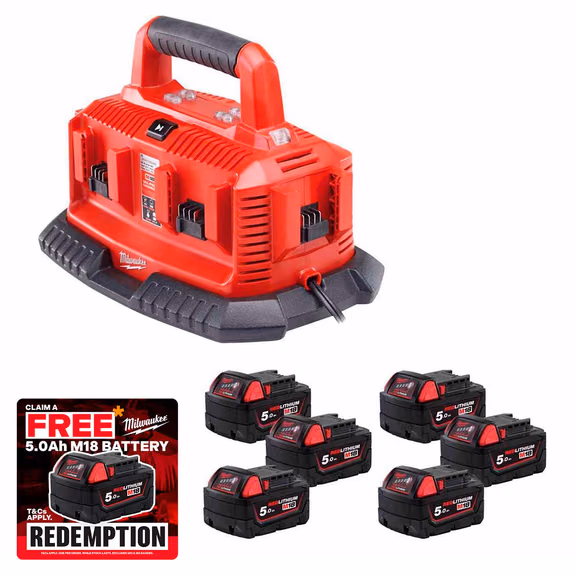Milwaukee M1418 C6 M14-M18 240V Multibay Charger with 6x 5.0Ah Batteries